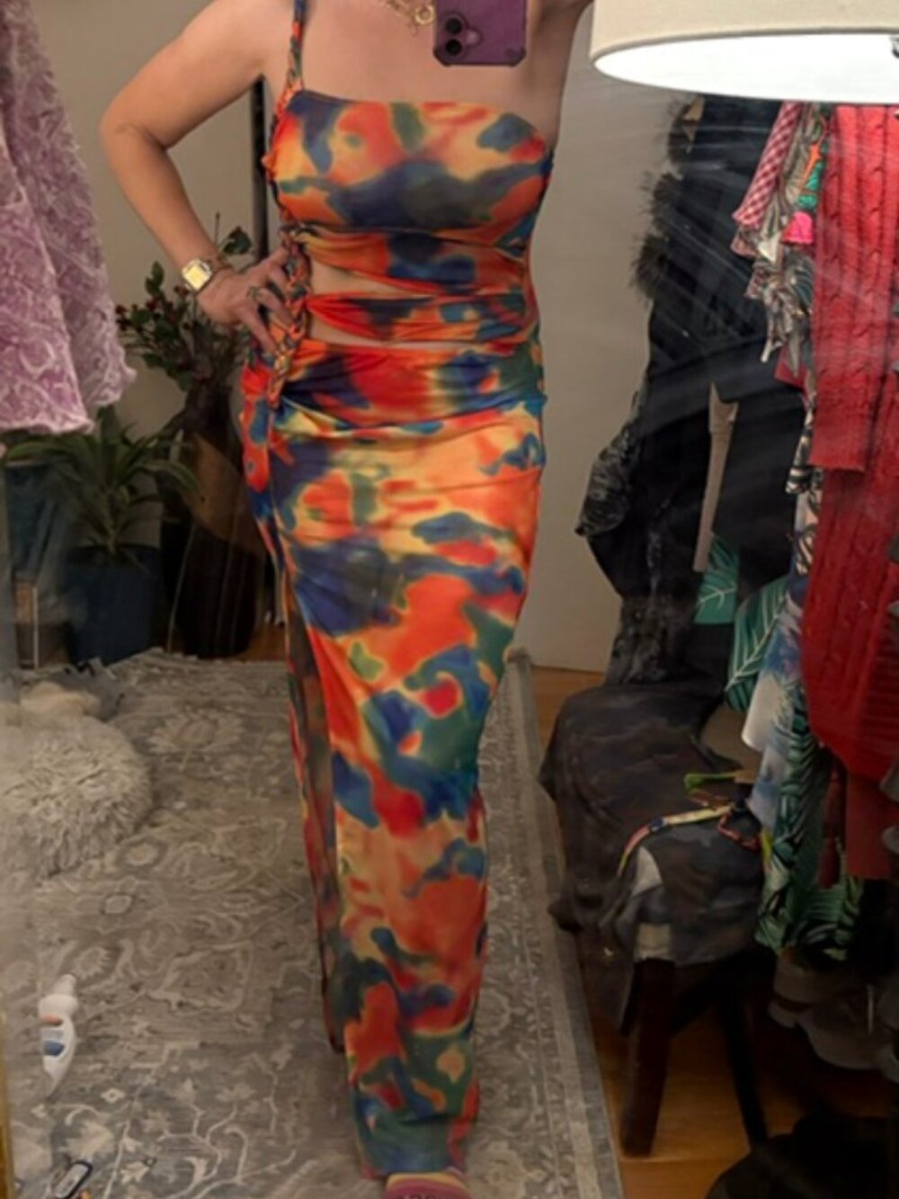 Shein Tie Dye Rainbow Cut Out Asymmetrical Mesh Maxi Dress, Sz L, NWOT